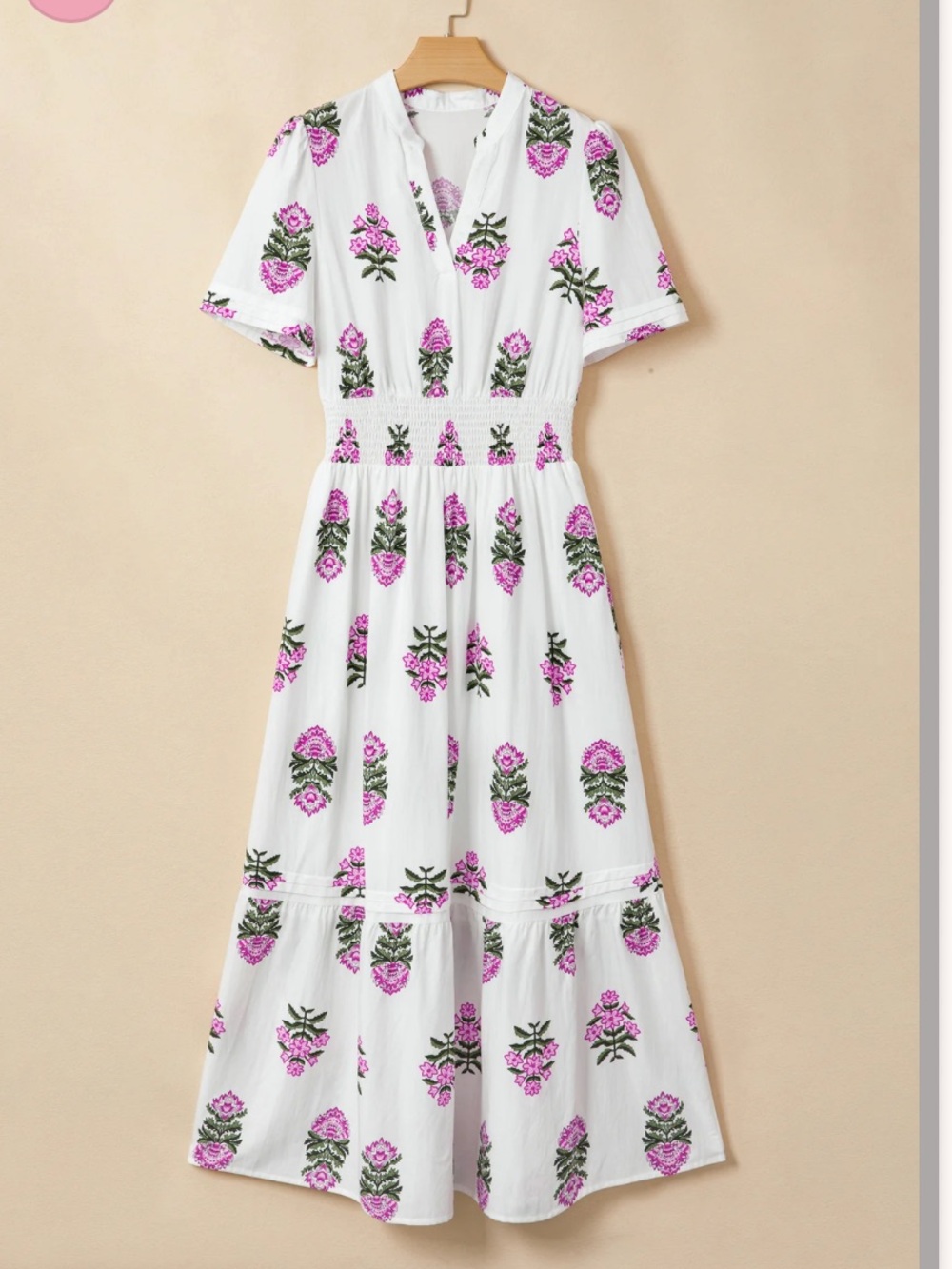 White Floral Split-Neck Shirred Maxi Dress
